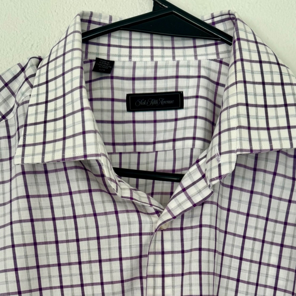 Saks Fifth Avenue Mens Dress Shirt Large L Purple Gray Plaid Check